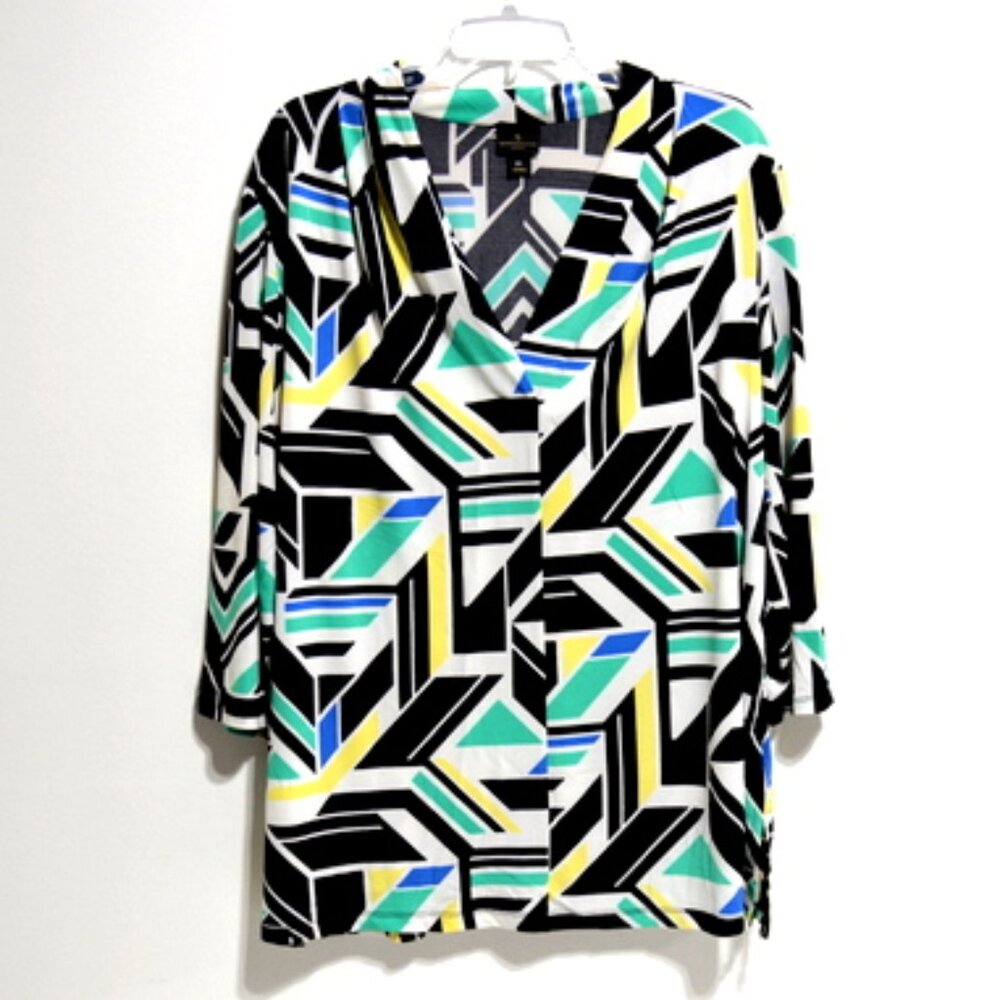 Worthington Woman Women's Multicolor Geometric Print 3/4 Sleeve V-Neck Top – 2X